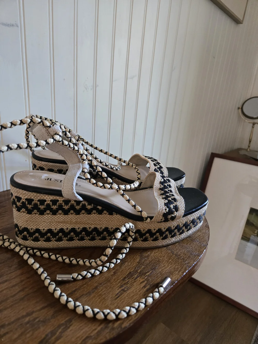 Just Fab Woven Espadrille Platform Lace Up Sandals - Black and Natural